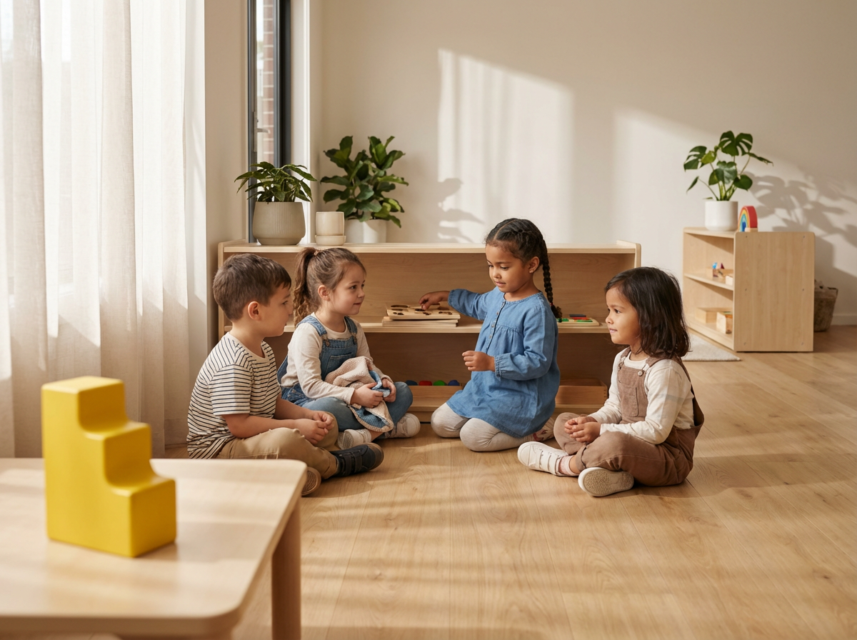 Four young children sitting on the wooden floor of a classroom, engaging in a group activity near a bookshelf with potted plants and toys in the background.