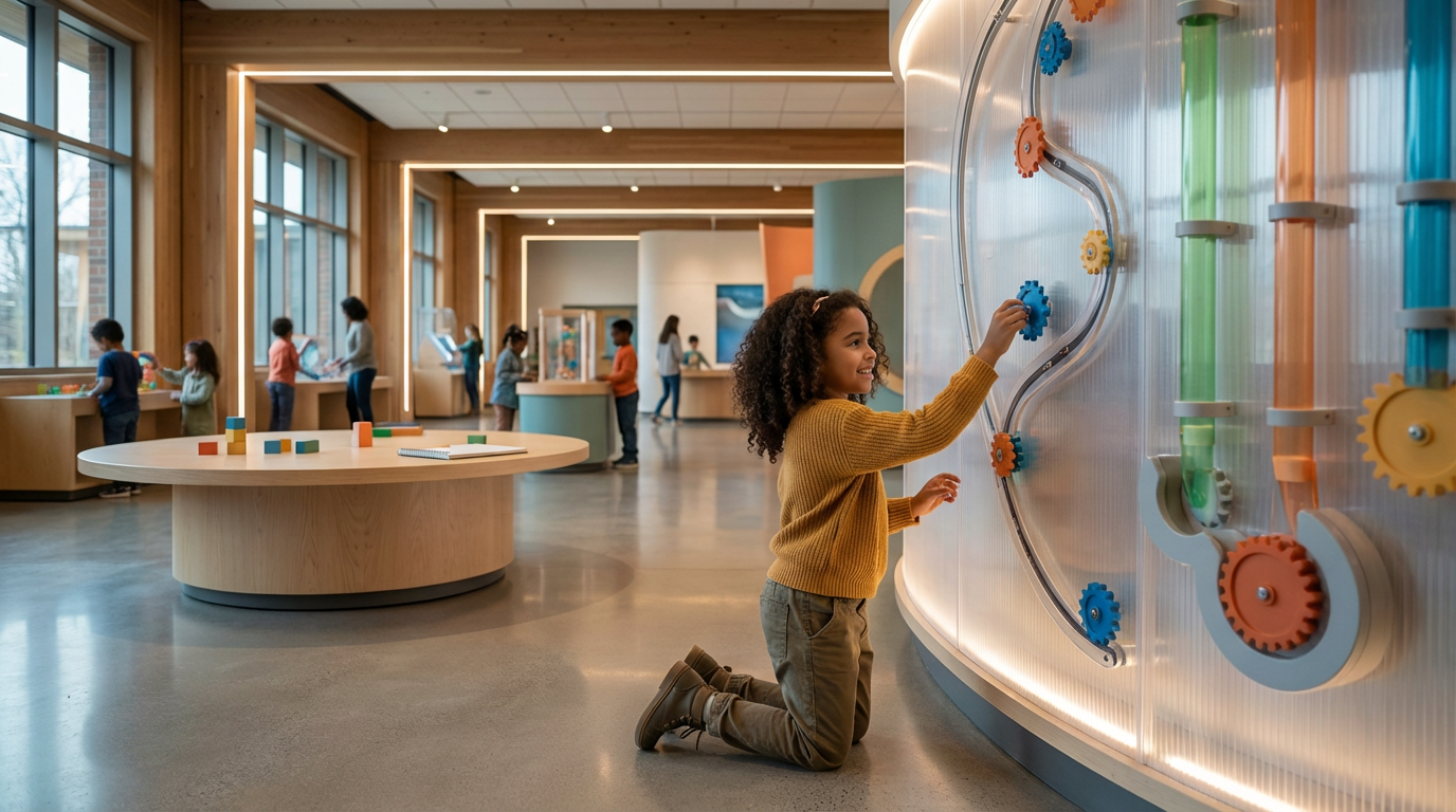 A young girl kneeling and playing with a large interactive gears and tubes display in a modern, well-lit museum or science center, with other children in the background exploring exhibits.