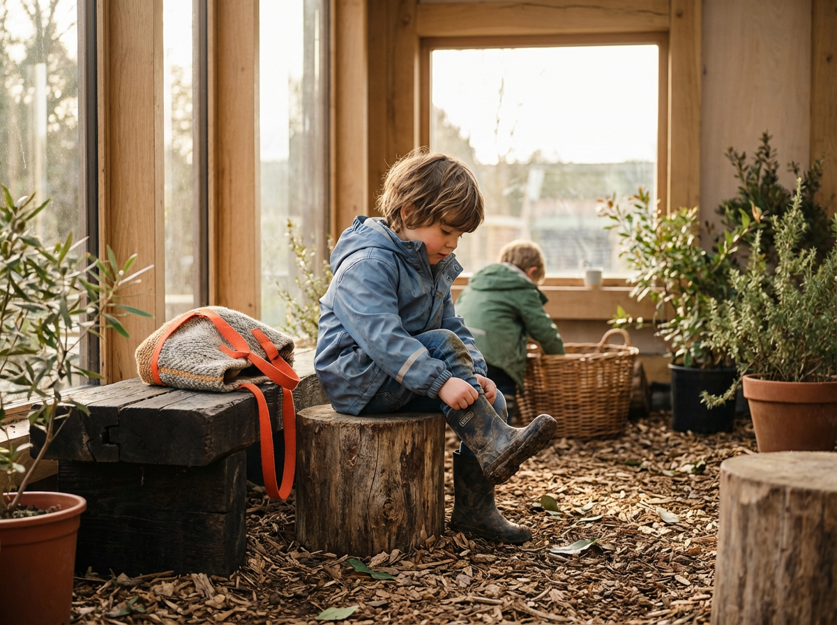 A young boy in a blue jacket and rubber boots sitting on a wooden stump, buckling his boot. Another child in a green jacket is in the background, sitting near a large basket, inside a sunlit room with wooden walls and potted plants on the ground.