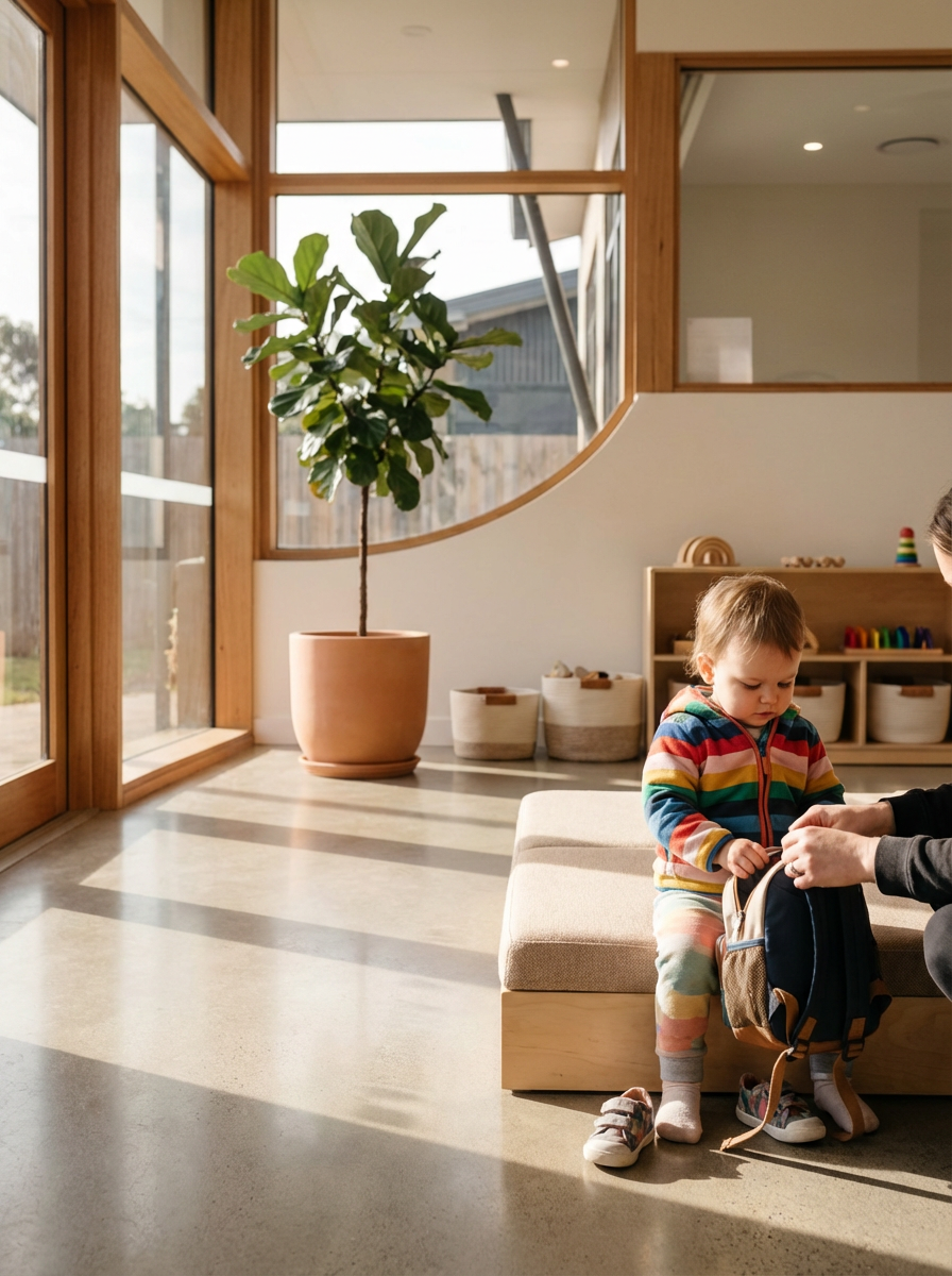 A young child in a colorful striped hoodie standing next to an adult, holding a small backpack inside a bright room with large windows, a potted plant, and storage baskets.