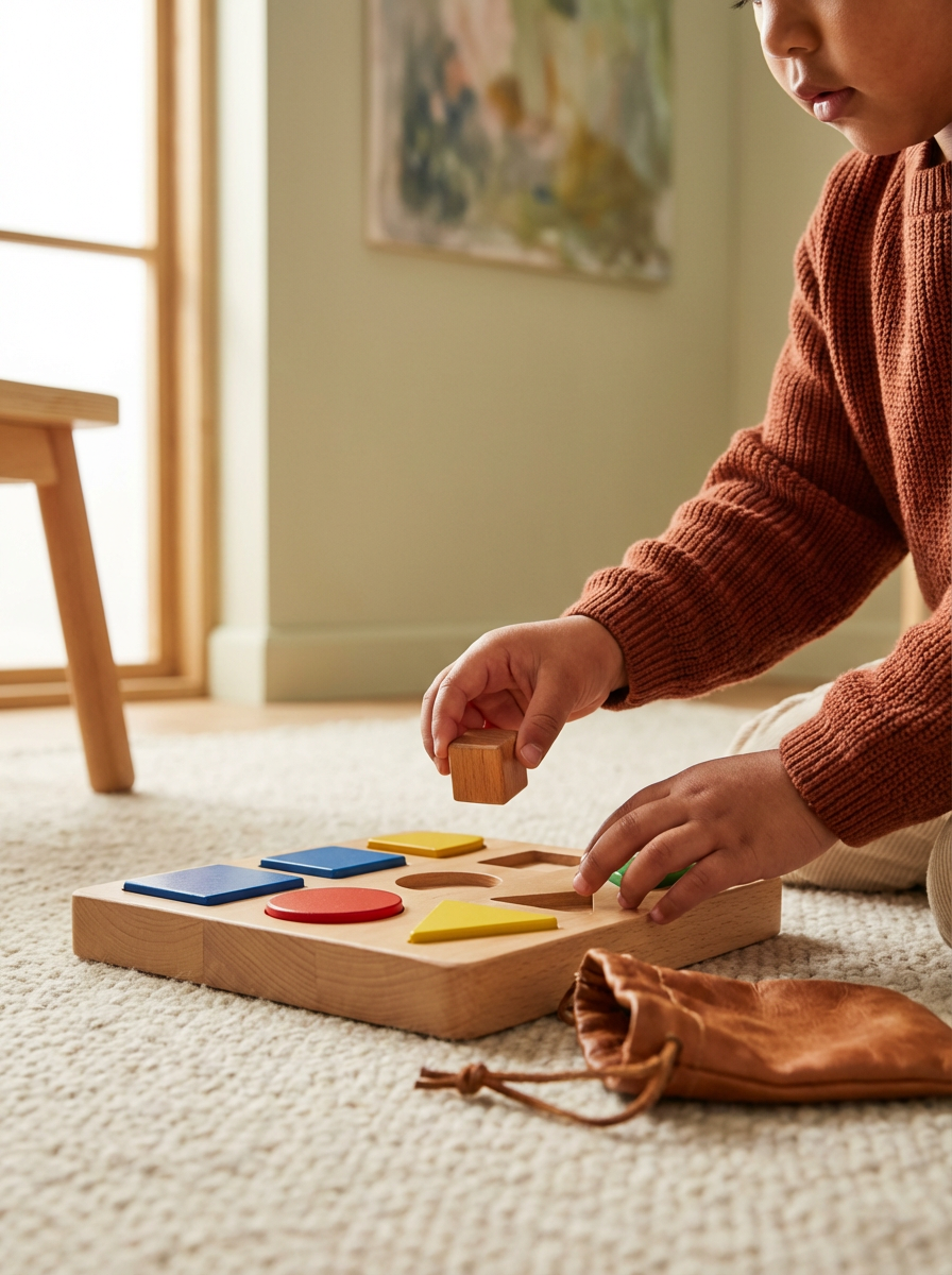 Child playing with colorful geometric shape puzzle on a carpeted floor in a bright room.