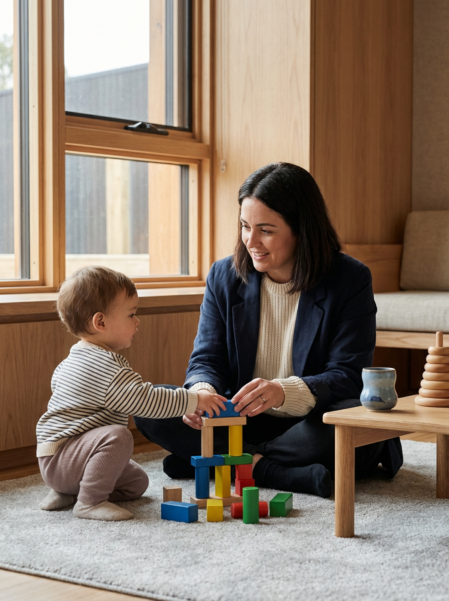 A woman and a toddler playing with colorful wooden blocks on a beige carpet in a room with wooden walls and large windows.