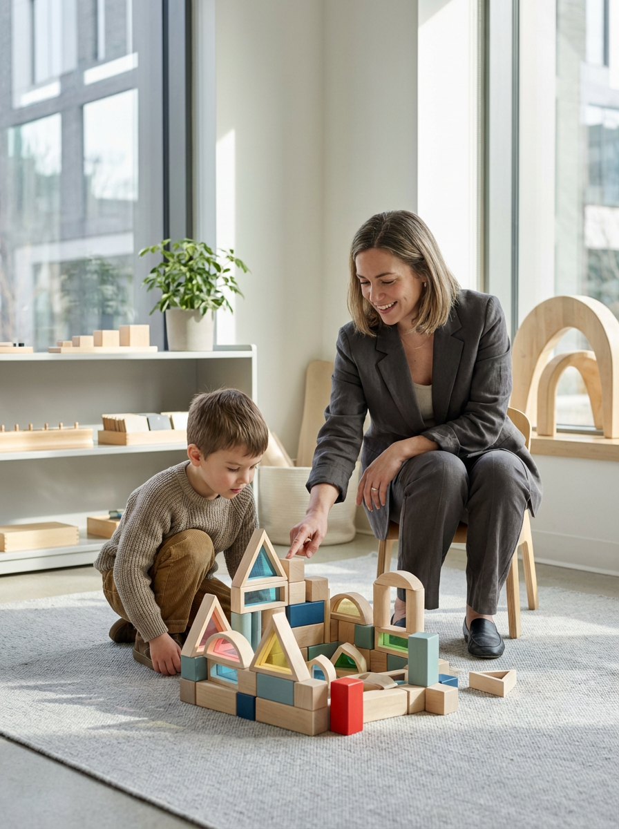 A woman in a gray suit and a young boy playing with colorful wooden building blocks on a light-colored carpet in a bright room with large windows and a potted plant.
