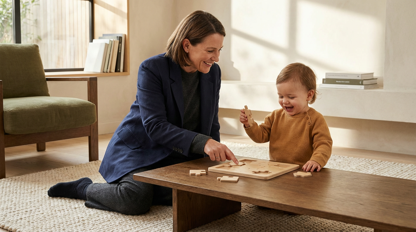 A woman and young child playing a puzzle game together on a low wooden table in a bright living room with a window, bookshelf, and carpet.