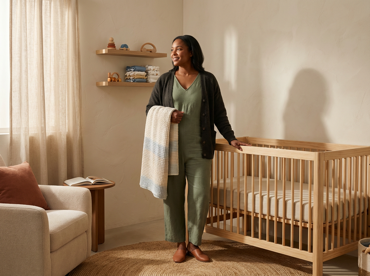 A woman standing next to a wooden crib in a softly lit nursery, holding a blanket, with shelves of folded clothes and toys on the wall behind her.