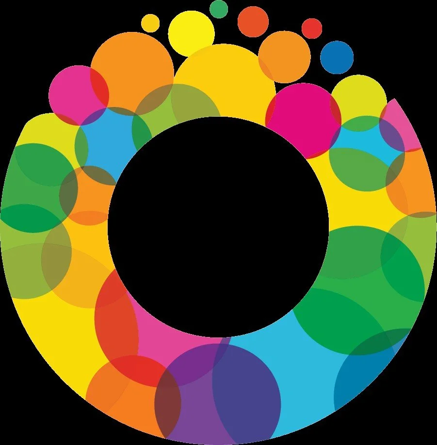 Colorful circle pattern with overlapping semi-transparent circles in various colors, arranged in a ring with a black center.