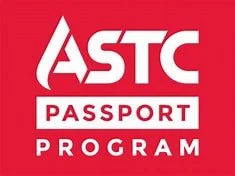 Logo for the ASTC Passport Program featuring ASTC in large white letters and the words Passport Program in red and white below