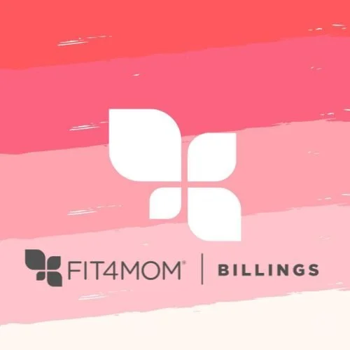 Logo for FIT4MOM Billings on a pink and coral painted background.