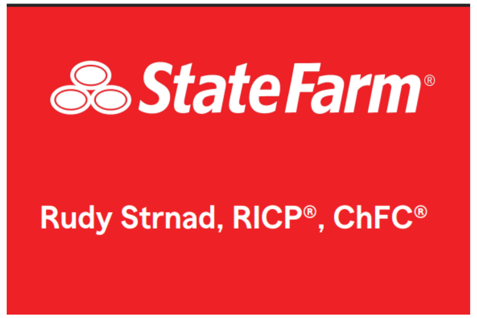 Red State Farm sign with logo and text, including the name Rudy Strnad, RICP, ChFC.