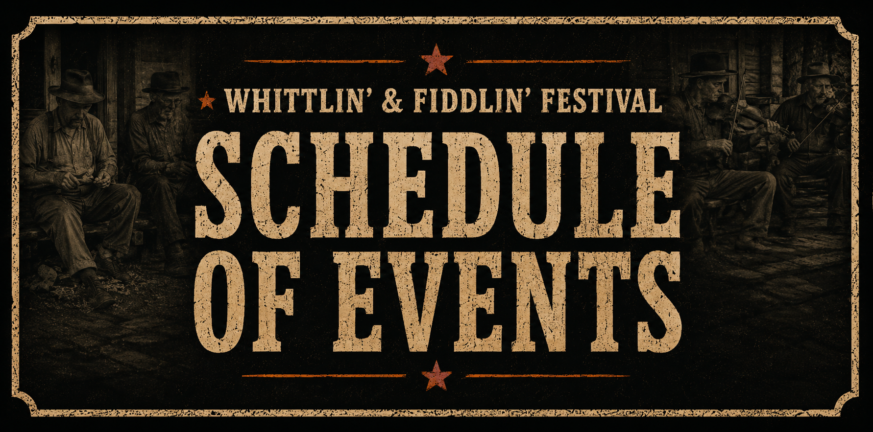 Poster for the Whittlin' & Fiddlin' Festival with a vintage-style image of four men in old-fashioned clothing, sitting and playing violins.