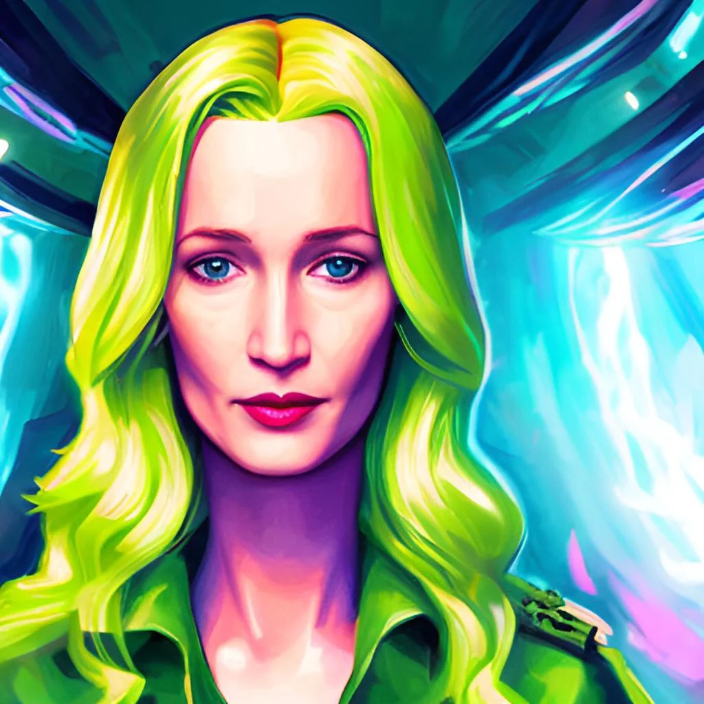 Digital art portrait of a woman with neon green hair and bright blue eyes, wearing a green jacket, with colorful abstract background.