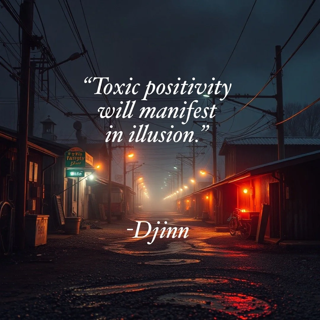 A dark, foggy street scene with wooden houses, power lines, and streetlights illuminating the wet pavement. Overlaid text quotes Djinn about toxic positivity and illusion.