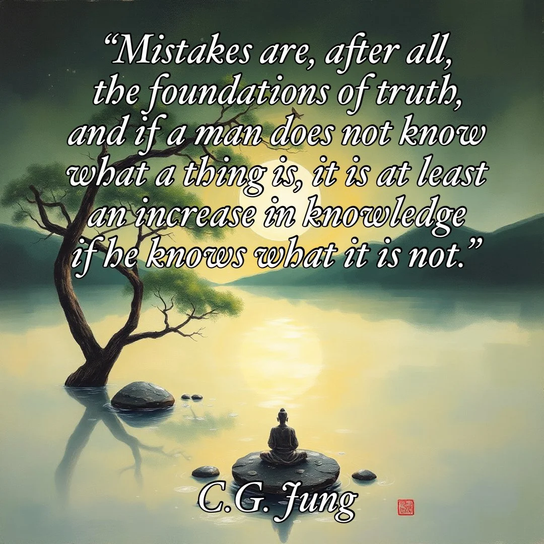 Inspirational quote over a serene landscape with a tree, a person meditating, and calm water reflecting the sky, attributed to C.G. Jung.