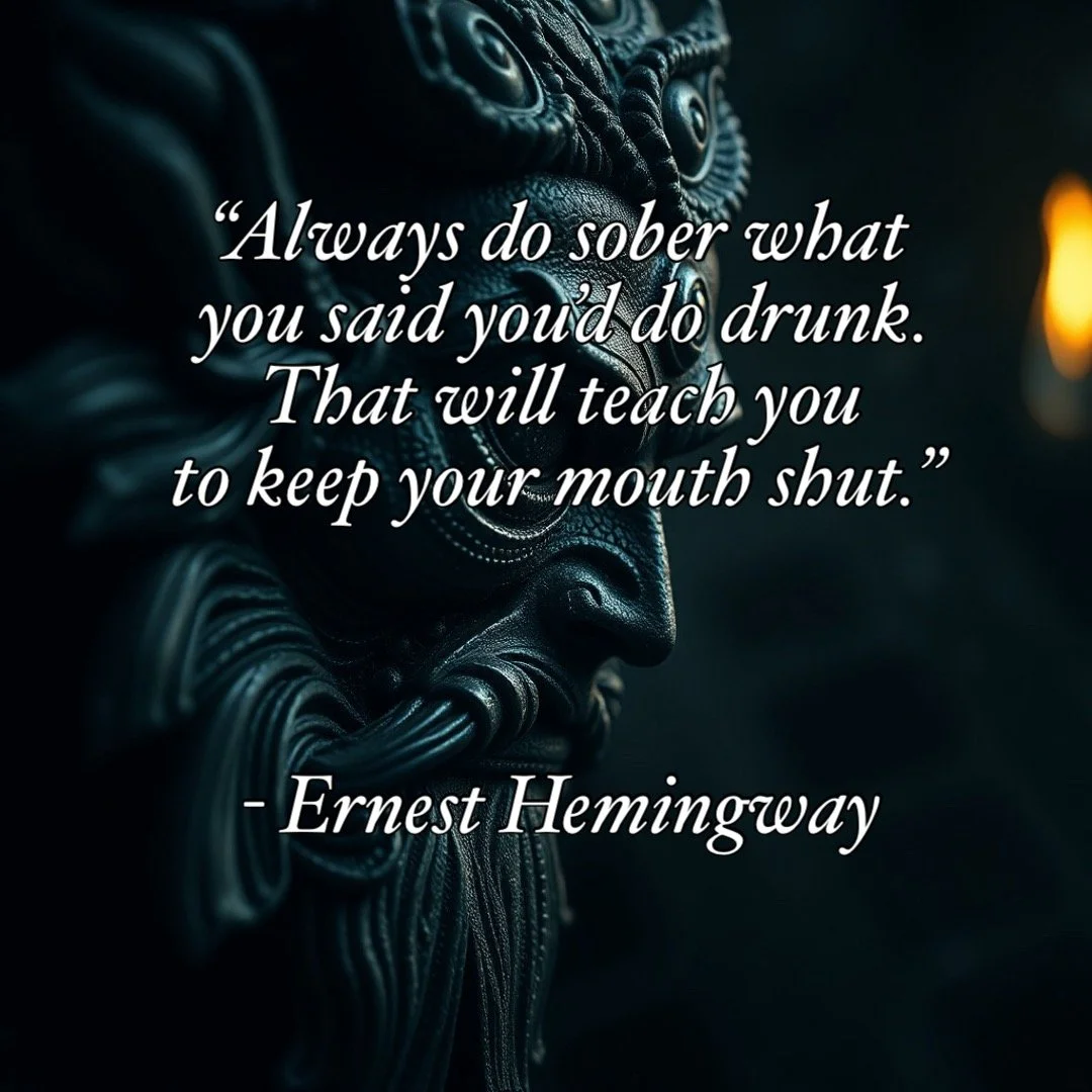 A dark close-up of a traditional tribal mask with a quote overlay that says, "Always do sober what you said you'd do drunk. That will teach you to keep your mouth shut." - Ernest Hemingway.
