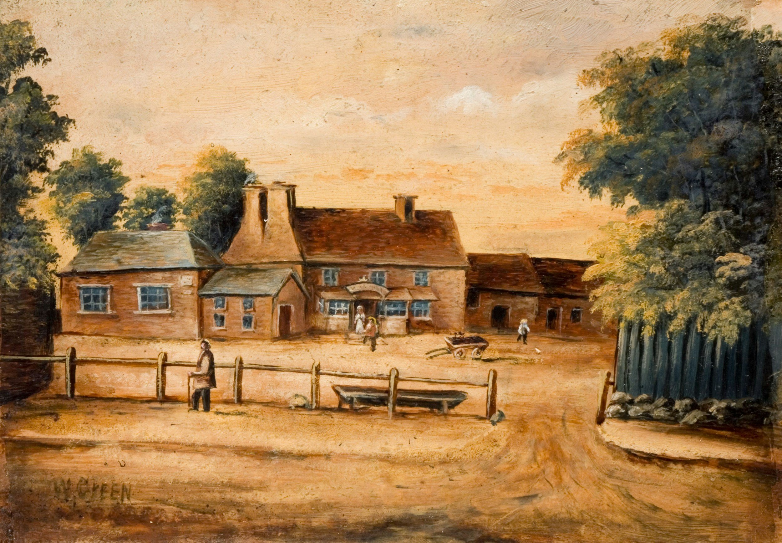 A vintage painting of a farm scene with several brick buildings, trees, and a fenced yard, under a sky with soft warm colors.