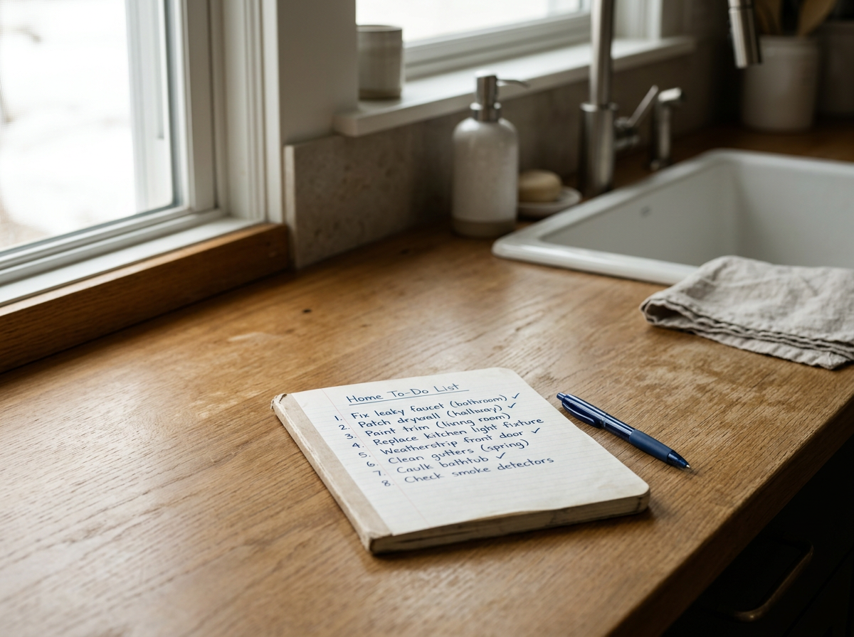 A home to-do list on a notebook with a pen, placed on a wooden kitchen countertop near a sink and window.