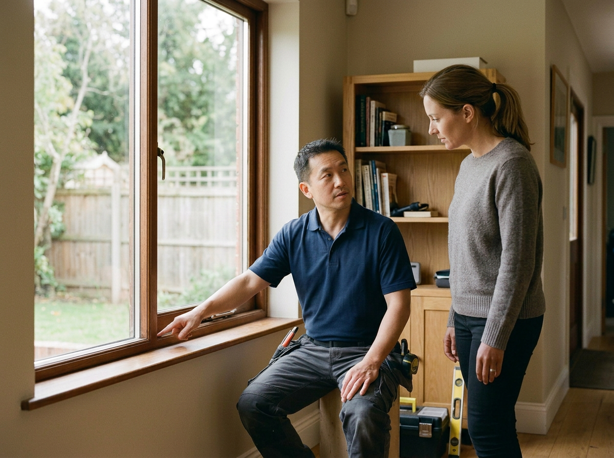 A man with a harness and tools sits by a window, talking to a woman who stands next to him in a room with a bookshelf.