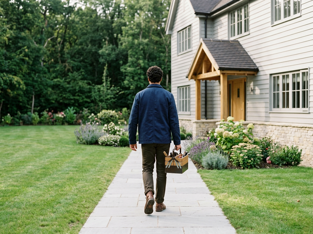 A man walking on a concrete sidewalk toward a house, carrying a toolbox, surrounded by a well-maintained garden with flowers and bushes.