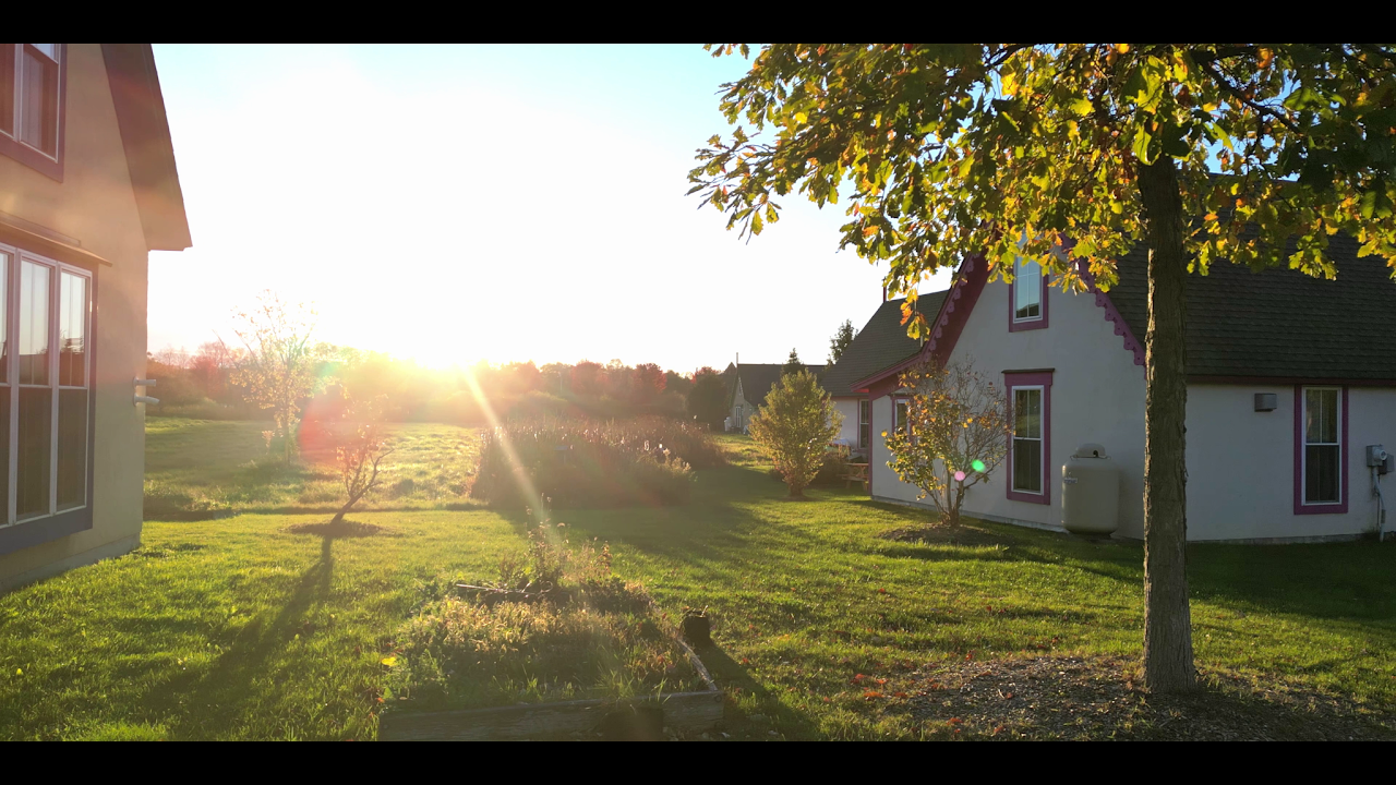 Sunset over a quiet suburban neighborhood with houses, trees, and green lawns.