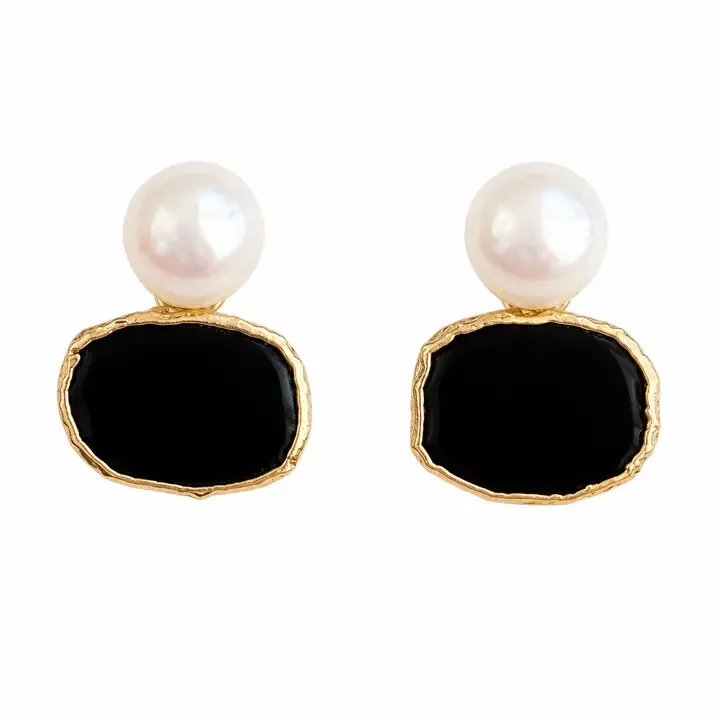 Catherine Freshwater Pearl and Black Onyx Stud Earrings