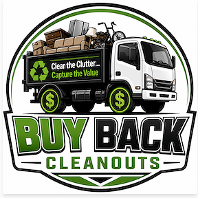 Logo for Buy Back Cleanouts featuring a truck with boxes and a bicycle, with the slogan "Clear the Clutter—Capture the Value" and recycling symbols.