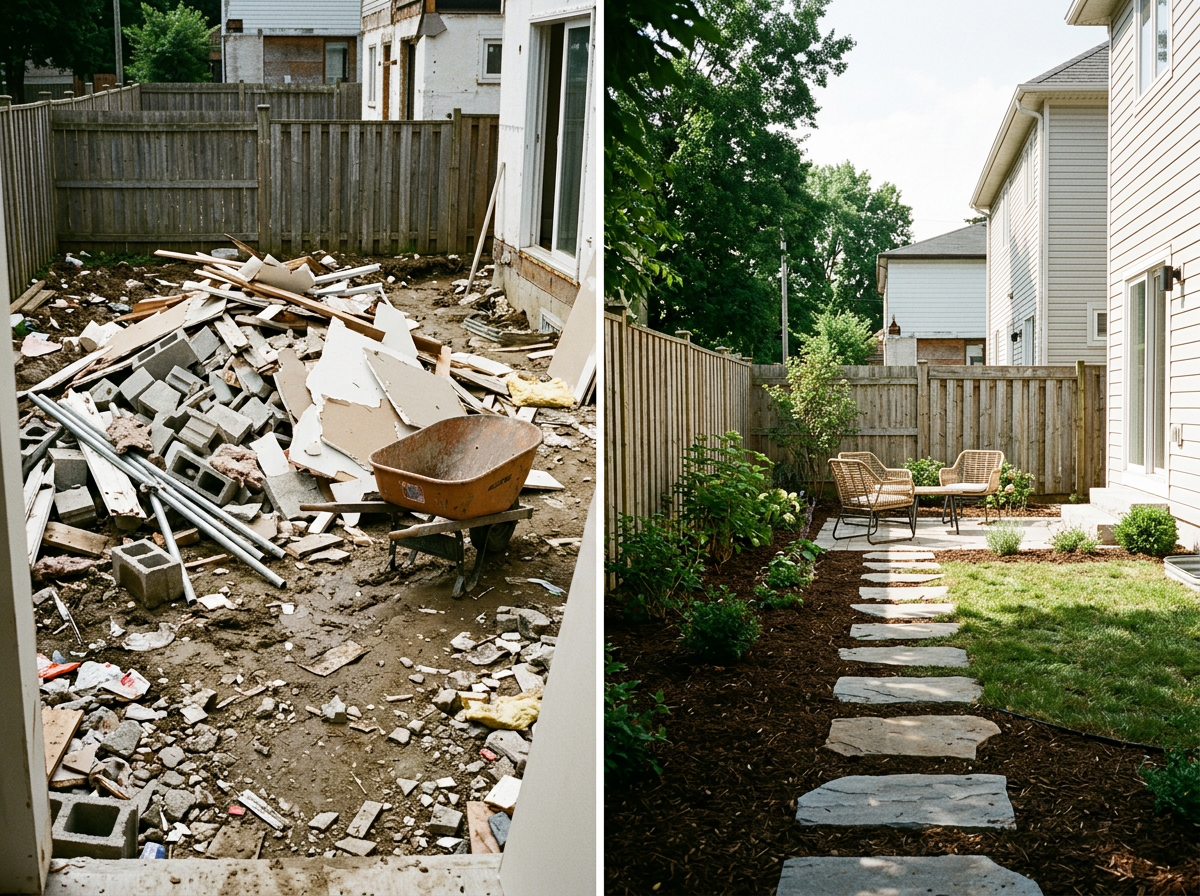 Side-by-side comparison of a backyard before and after renovation. On the left, a yard filled with construction debris, broken concrete, and a wheelbarrow. On the right, a clean, landscaped backyard with a stone pathway, green grass, plants, and outdoor seating.