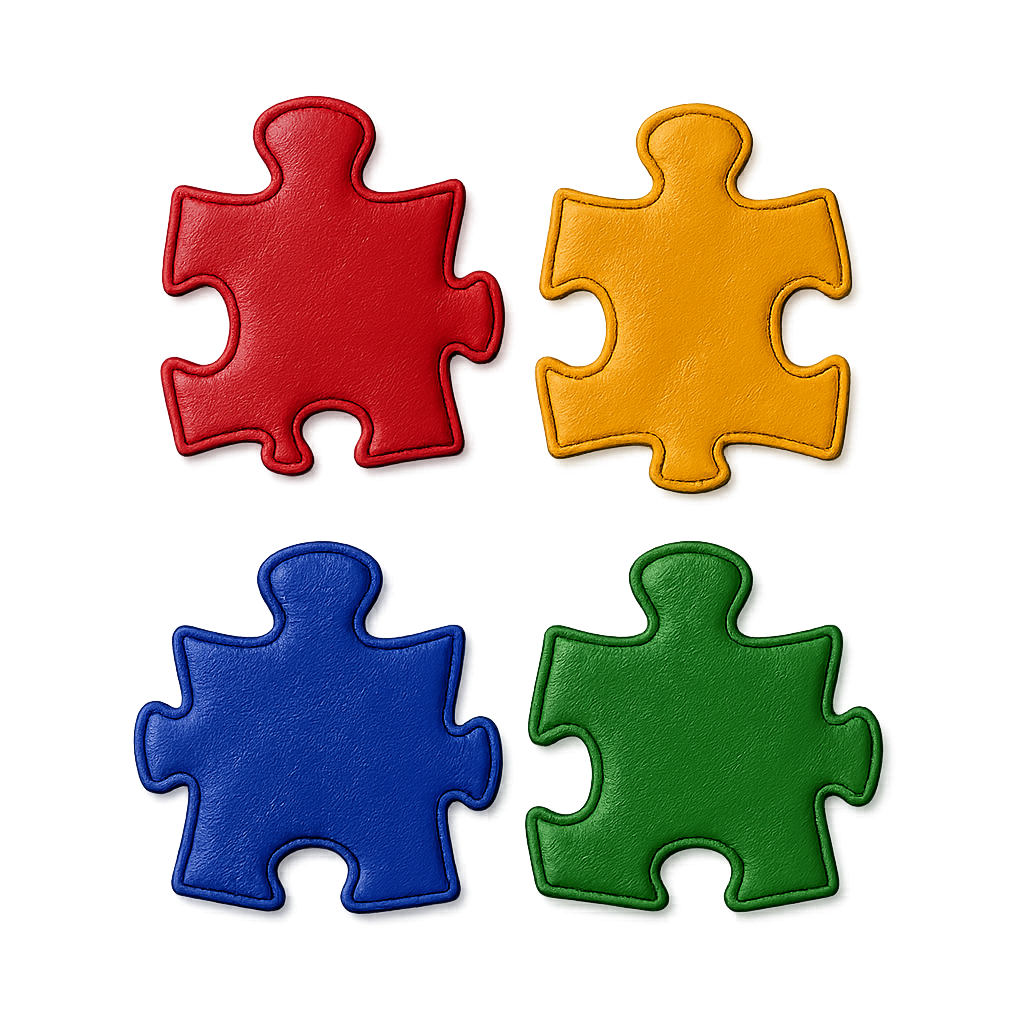 Four colorful puzzle pieces (red, yellow, blue, green) arranged in a grid on a blurred gradient background.