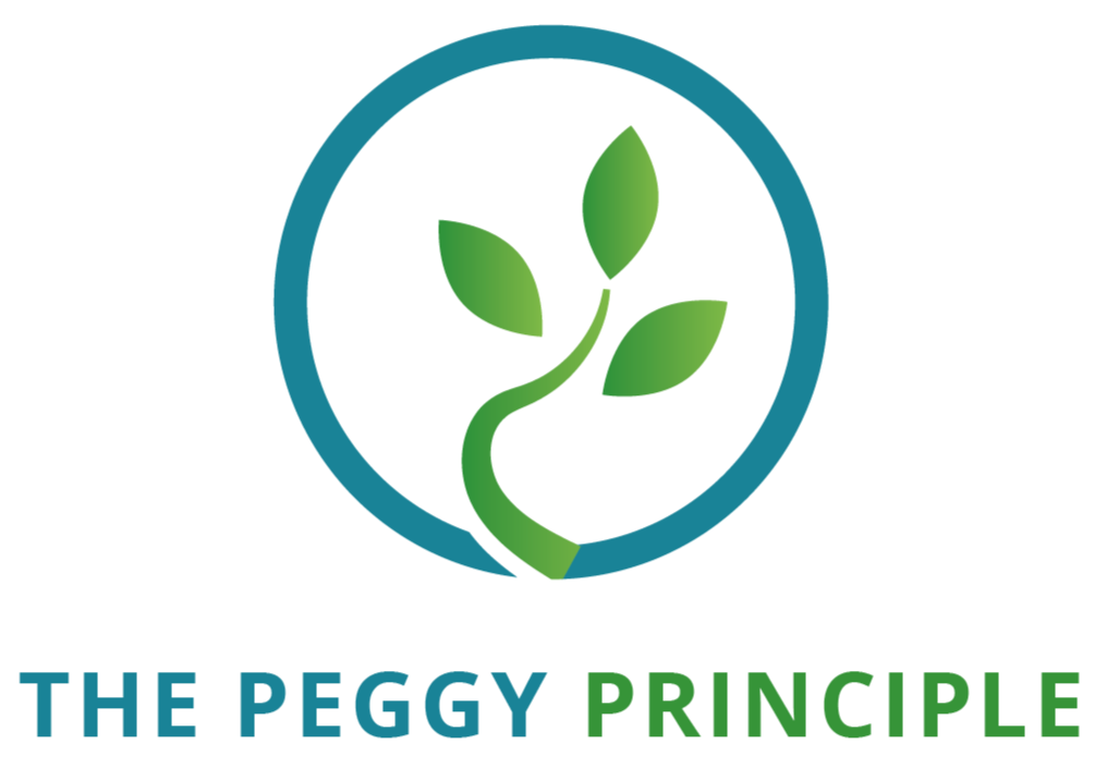 The Peggy Principle logo – a green sprout within a blue circle. Representing growth and education.