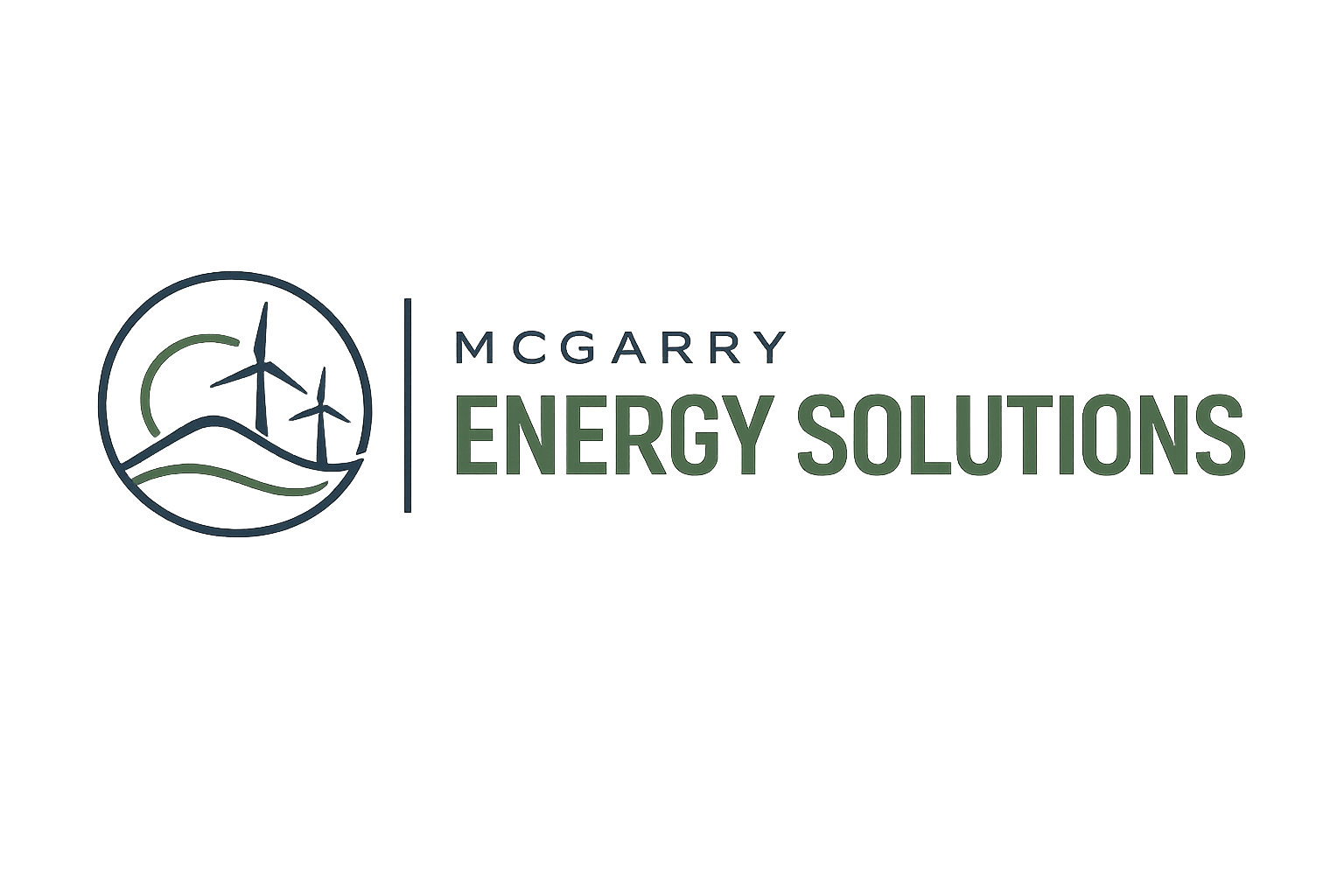Logo for McGarry Energy Solutions featuring wind turbine icons and green and blue accents.