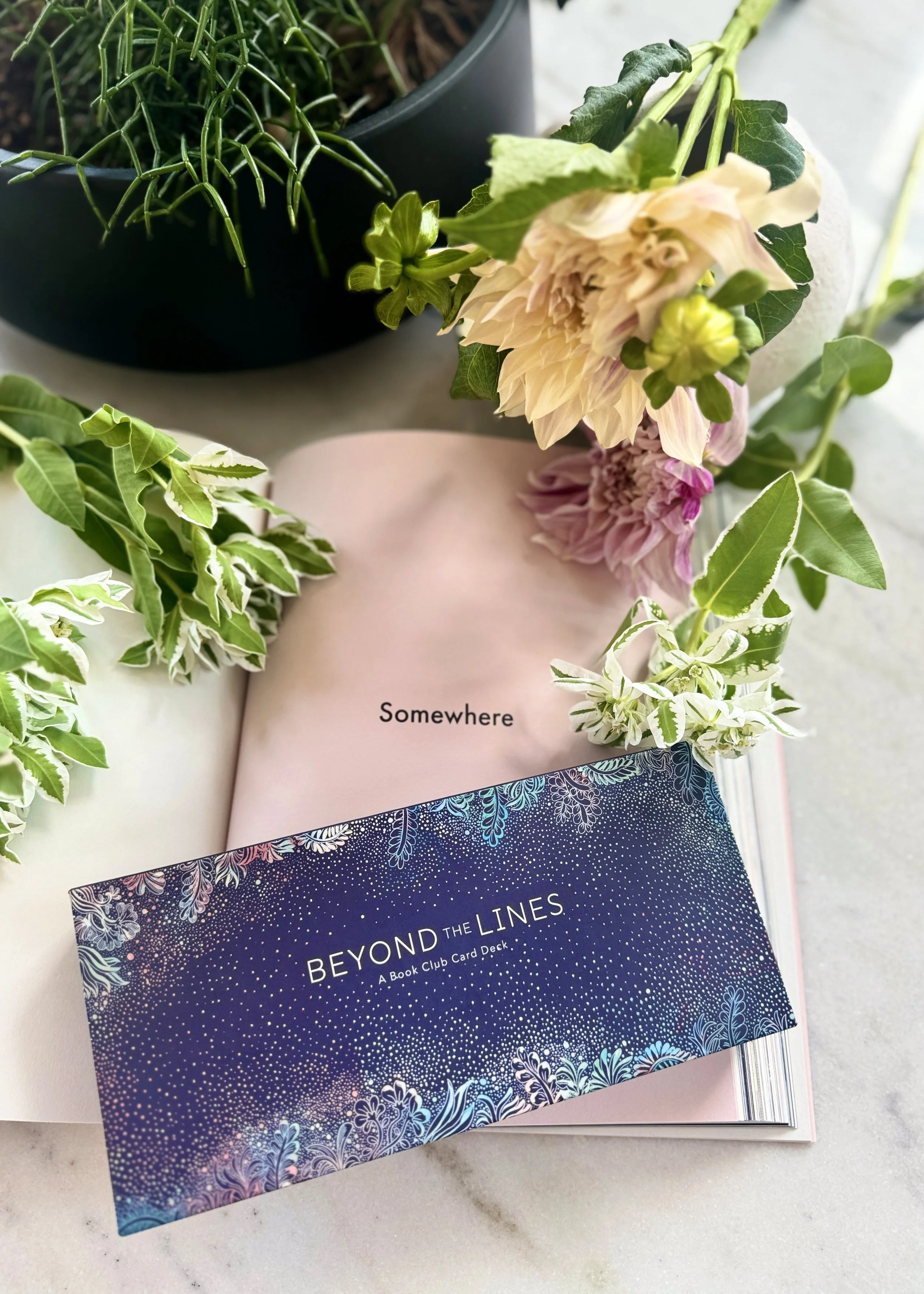 Beyond the Lines box resting on an open book with flowers