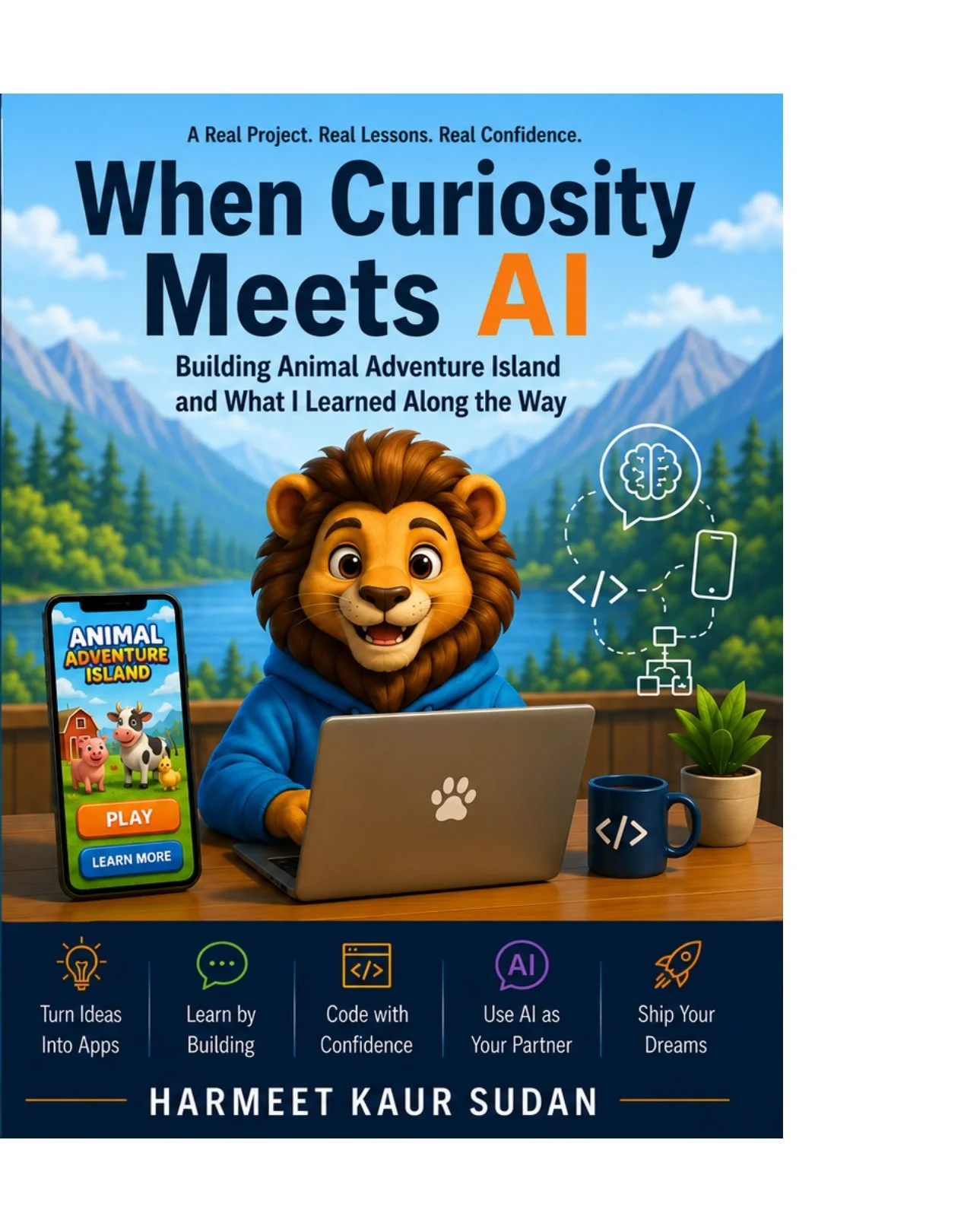 Book cover titled 'When Curiosity Meets AI' depicts an animated lion using a laptop, with a smartphone showing 'Animal Adventure Island' game and a plant on a wooden desk, against a backdrop of mountains and pine trees.