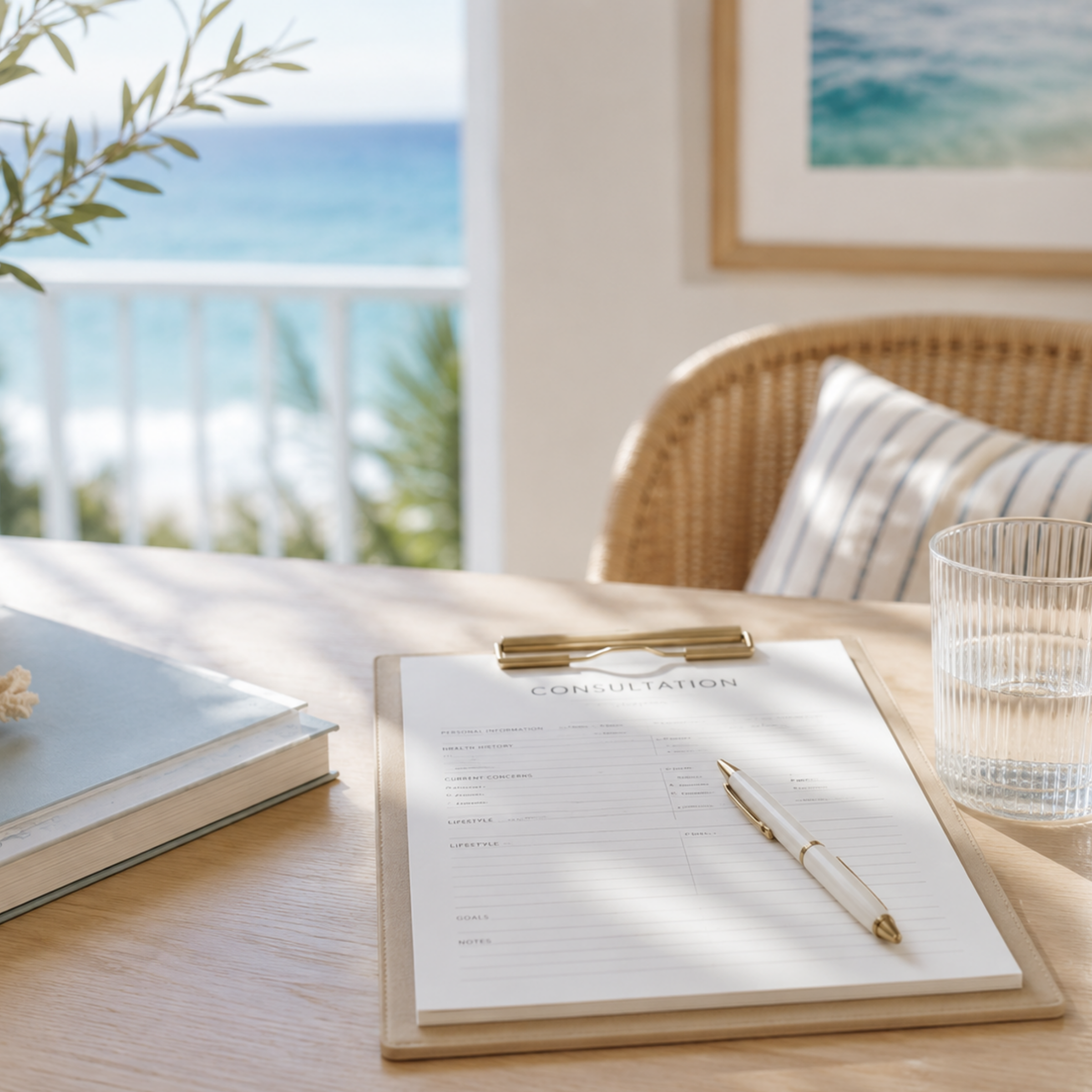 A wooden desk with a clipboard containing a consultation form, a pen, a glass of water, and stacked books, with a window showing a seaside view and framed pictures on the wall.
