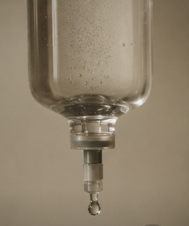 Close-up of an IV drip bag with a drop of fluid hanging from the attached tube.