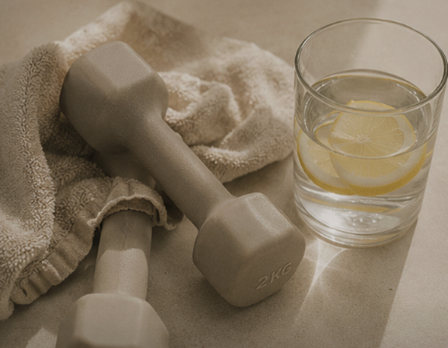 Dumbbells, a towel, and a glass of water with lemon slices on a countertop.