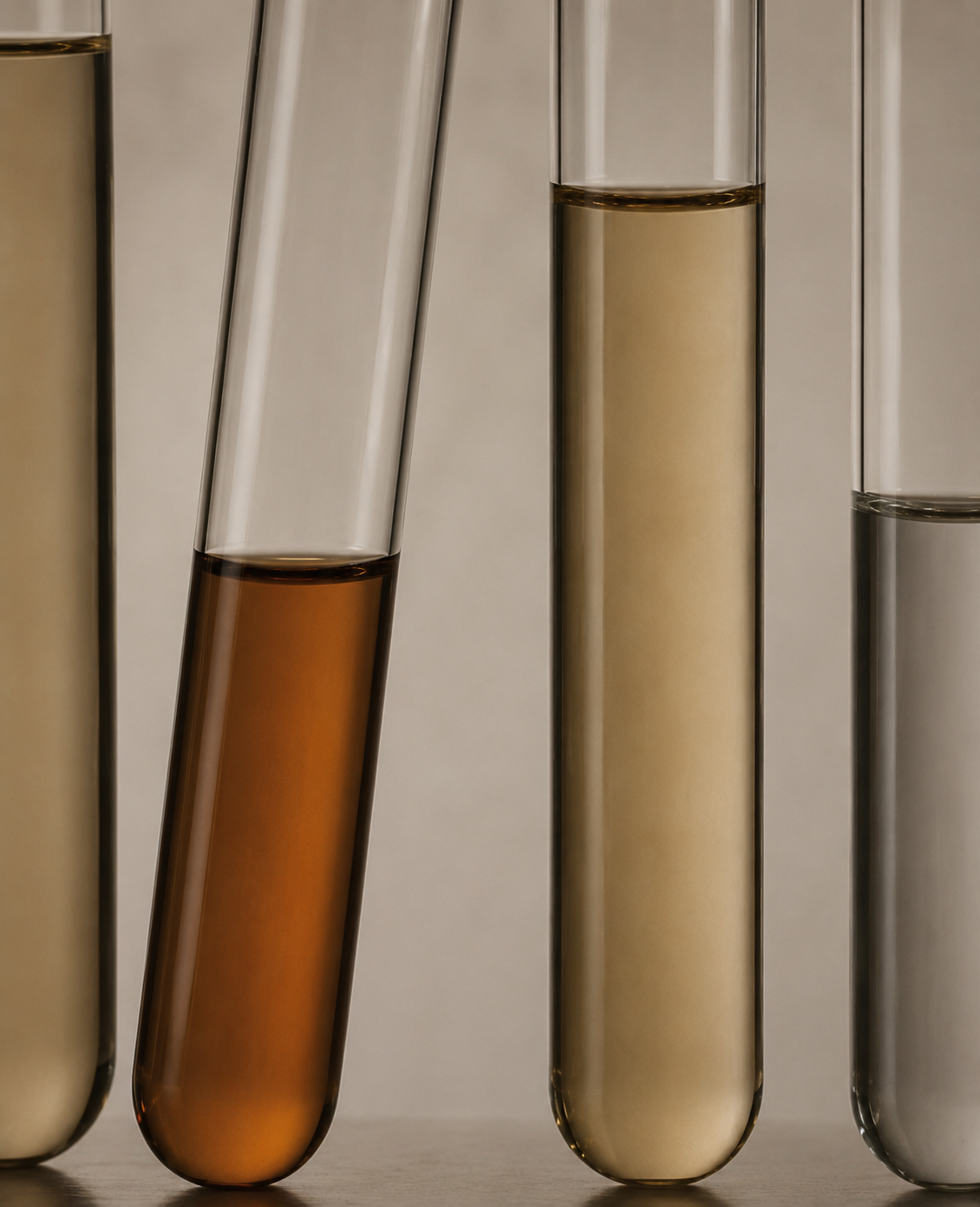 Four test tubes containing liquids of different colors, placed vertically on a flat surface.