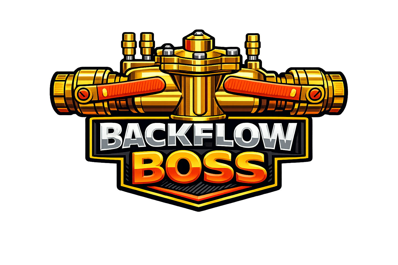 A colorful logo featuring a golden mechanical valve with orange handles and the words 'Backflow Boss' in bold letters.