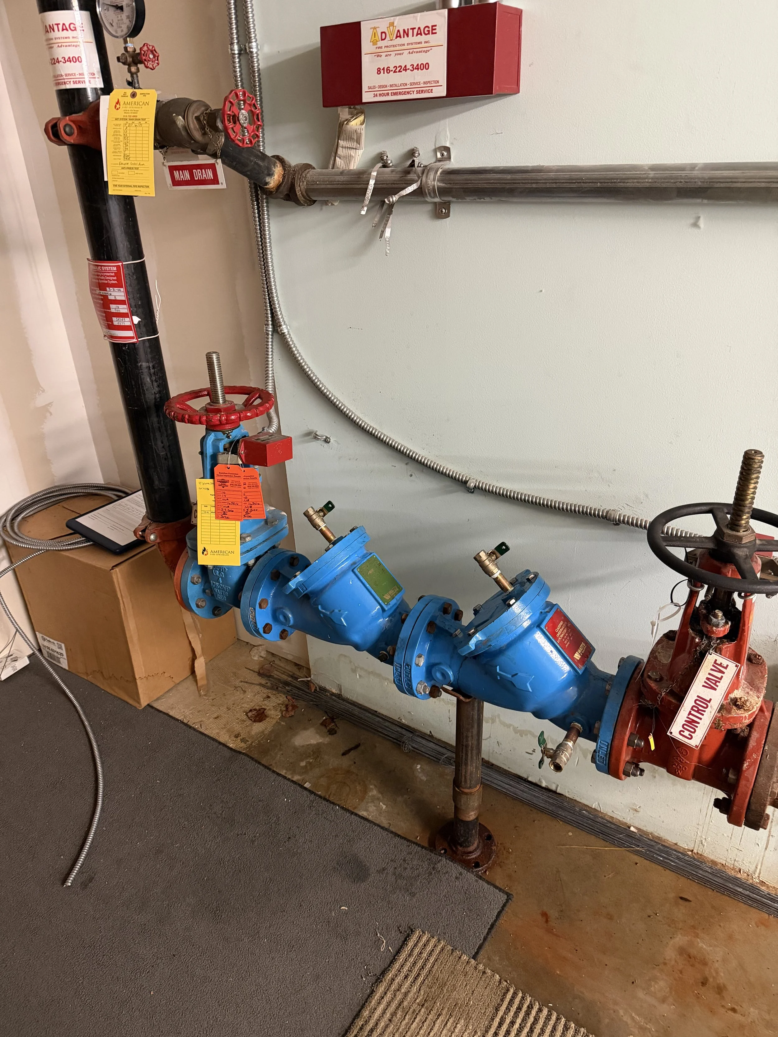 Industrial plumbing setup with large blue valves, red control valve, pipes, gauges, and safety signs, installed against a light-colored wall with a gray floor and brown area rug.