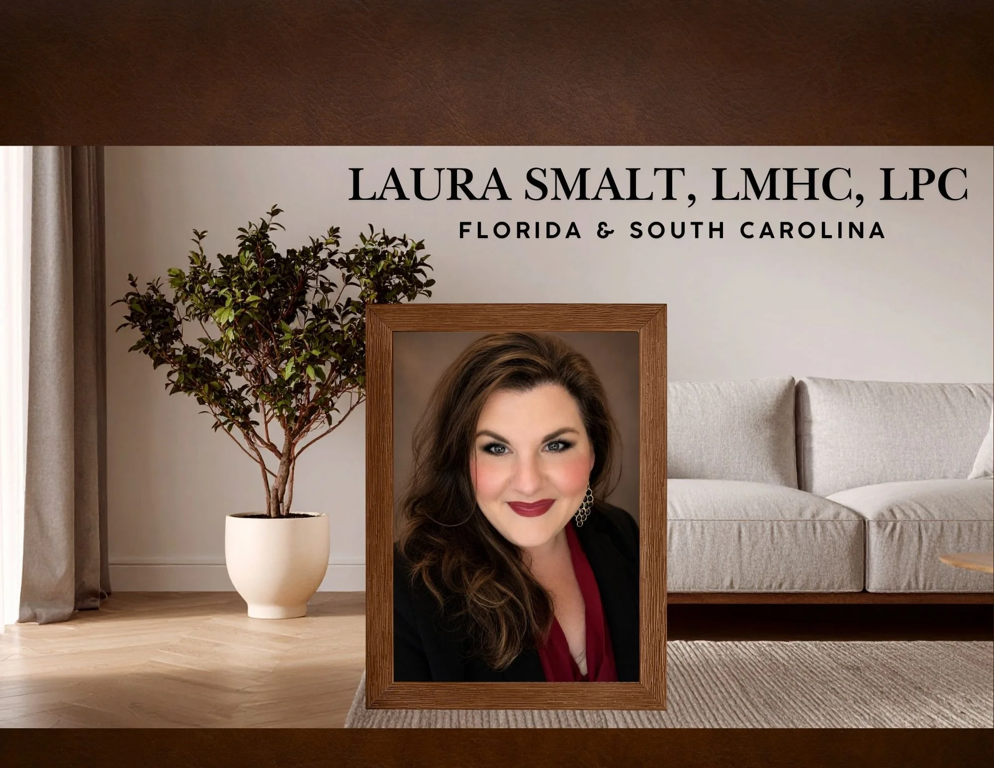 A woman with dark hair and wearing makeup is posing with her head and shoulders inside a wooden picture frame on the floor in a living room. Behind her is a large potted plant with green leaves, a beige couch, and curtains. The top portion of the image contains text with her name and credentials, and the location Florida & South Carolina.