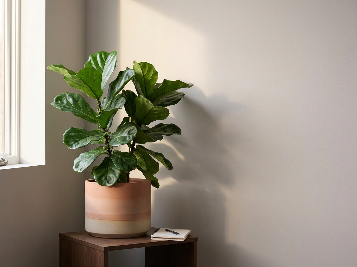 Large green potted plant on a wooden table near a window with sunlight.