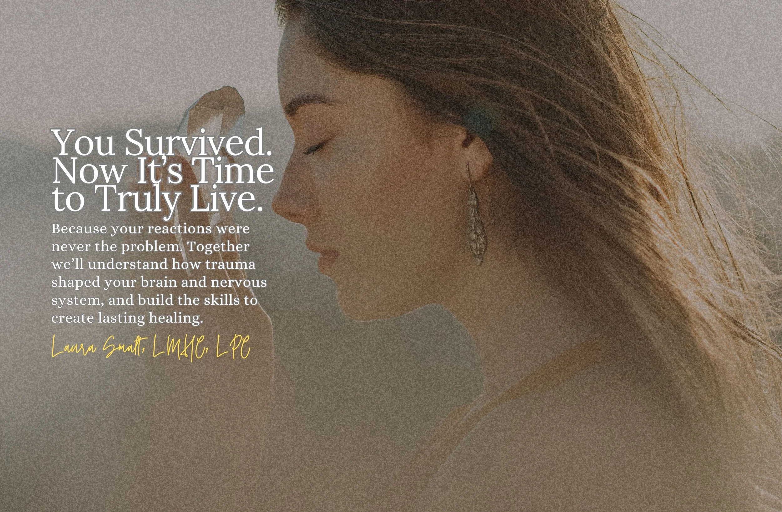A woman with long hair and earrings facing sideways, eyes closed, with a toe touching her nose, overlaid with motivational text about surviving and living fully.