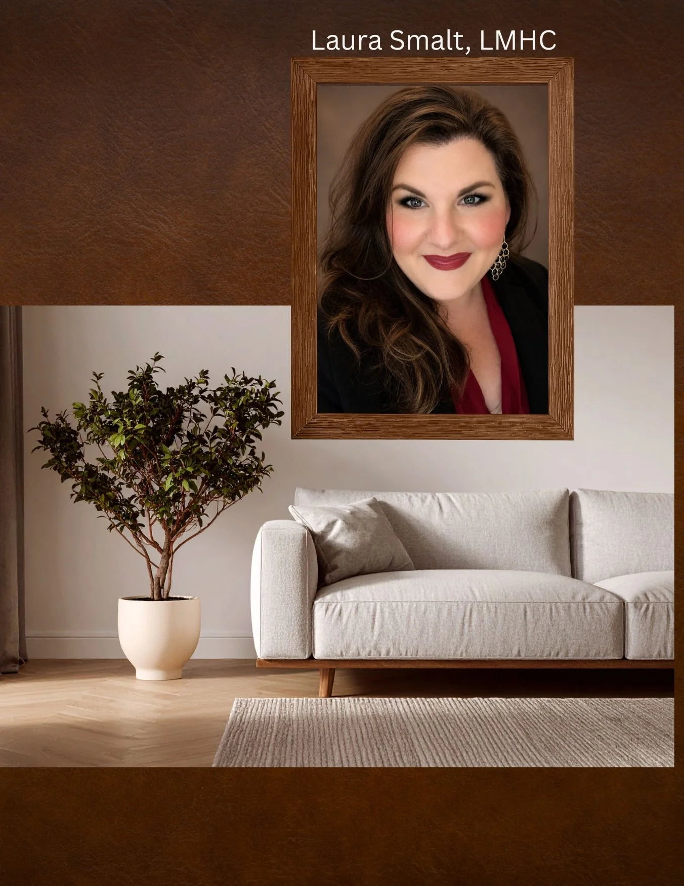 Living room with a beige sofa, a potted tree, a framed photo of a woman named Laura Smalt, LMHC, on the wall, and a light-colored rug on a wooden floor.
