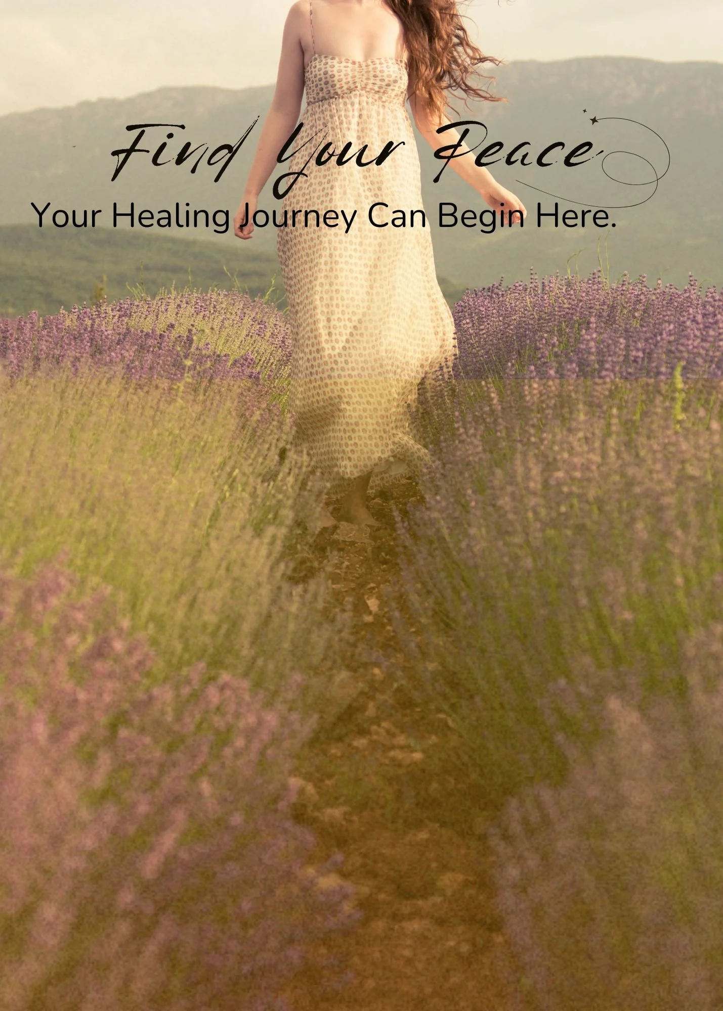 A woman walking through a lavender field with mountains in the background, wearing a long beige dress with a pattern.