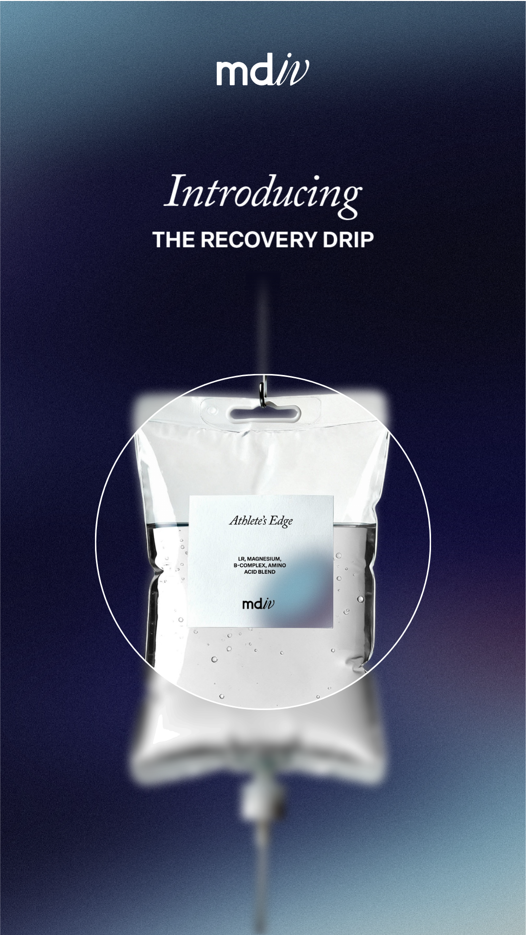 A branded social media graphic featuring a medical IV drip bag labeled 'Athlete's Edge' hanging from a hook, with a dark blue background and a circle highlighting the bag.