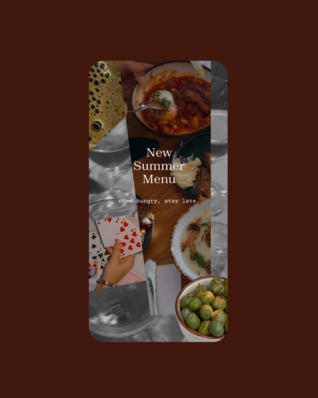 A social media image for a new summer menu featuring dishes including a bowl of chili with a poached egg on top and a plate of mashed potatoes with bread, a bowl of olives, and a glass of iced coffee. The background shows people playing cards.