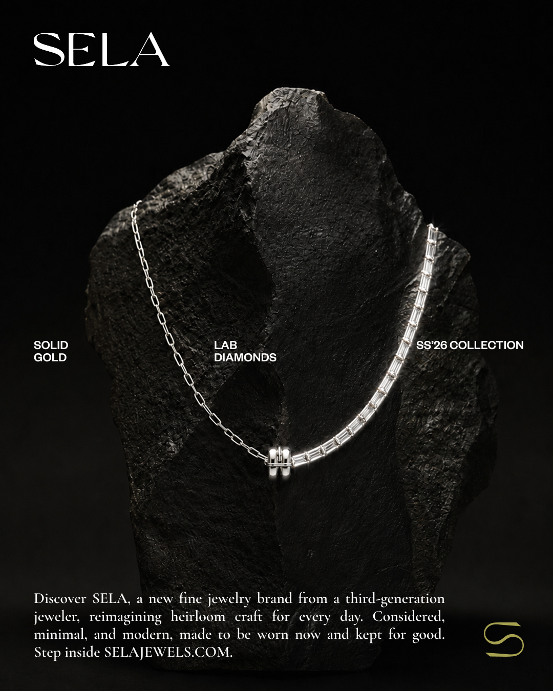Silver jewelry necklace displayed on a black textured stone with white labels indicating 'Solid Gold,' 'Lab Diamonds,' and 'SS'26 Collection.' Text at the bottom promotes SELA jewelry brand.