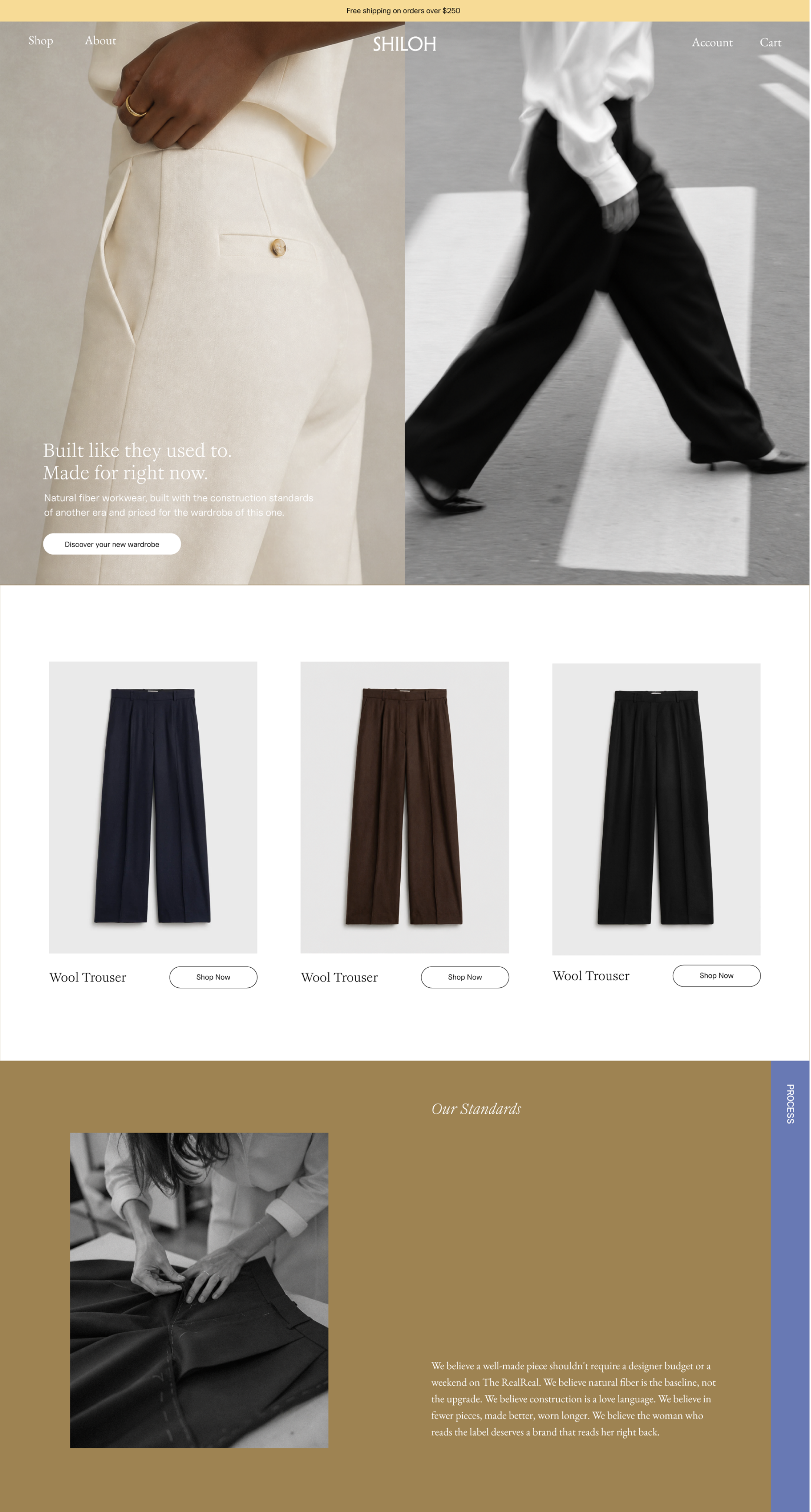 Website homepage featuring a split image of a woman in cream-colored trousers on the left and a person walking in black trousers on the right. Below, three pairs of wool trousers in navy, brown, and black are displayed with 'Shop Now' buttons. There is a section with text about natural fiber workwear and a black-and-white image of tailoring work, with a paragraph about craftsmanship and branding.