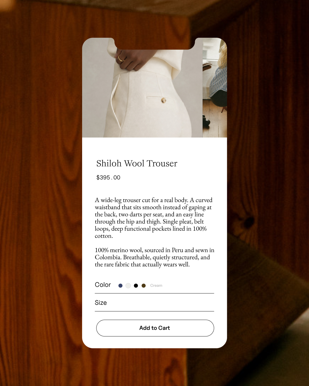 Product page design for the Shiloh by Chloe Wool Trouser, a wide-leg wool trouser in cream color, with pricing and descriptions below.