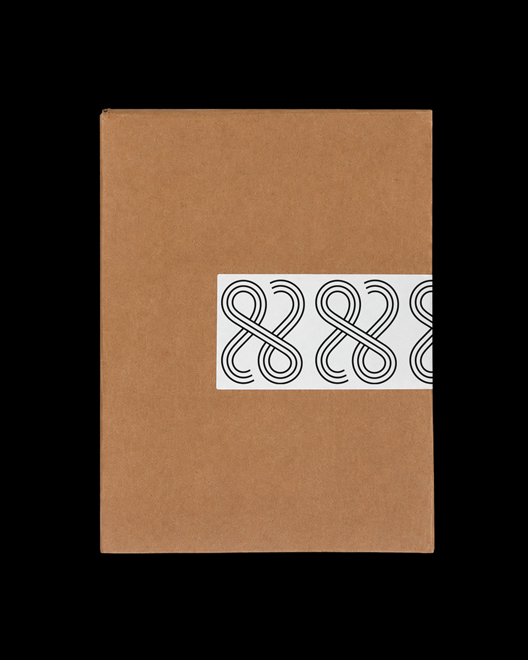A plain brown cardboard box with branded packaging tape in the center featuring a black, intricate, looping brand mark for Phase skincare.