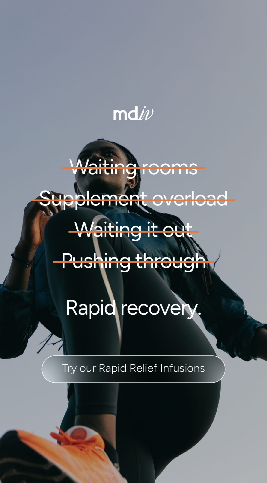 A branded digital advertising graphic with a woman in athletic gear running outdoors with a clear sky background. Overlaid text promotes rapid recovery through infusion therapy, with a call to try their Rapid Relief Infusions.