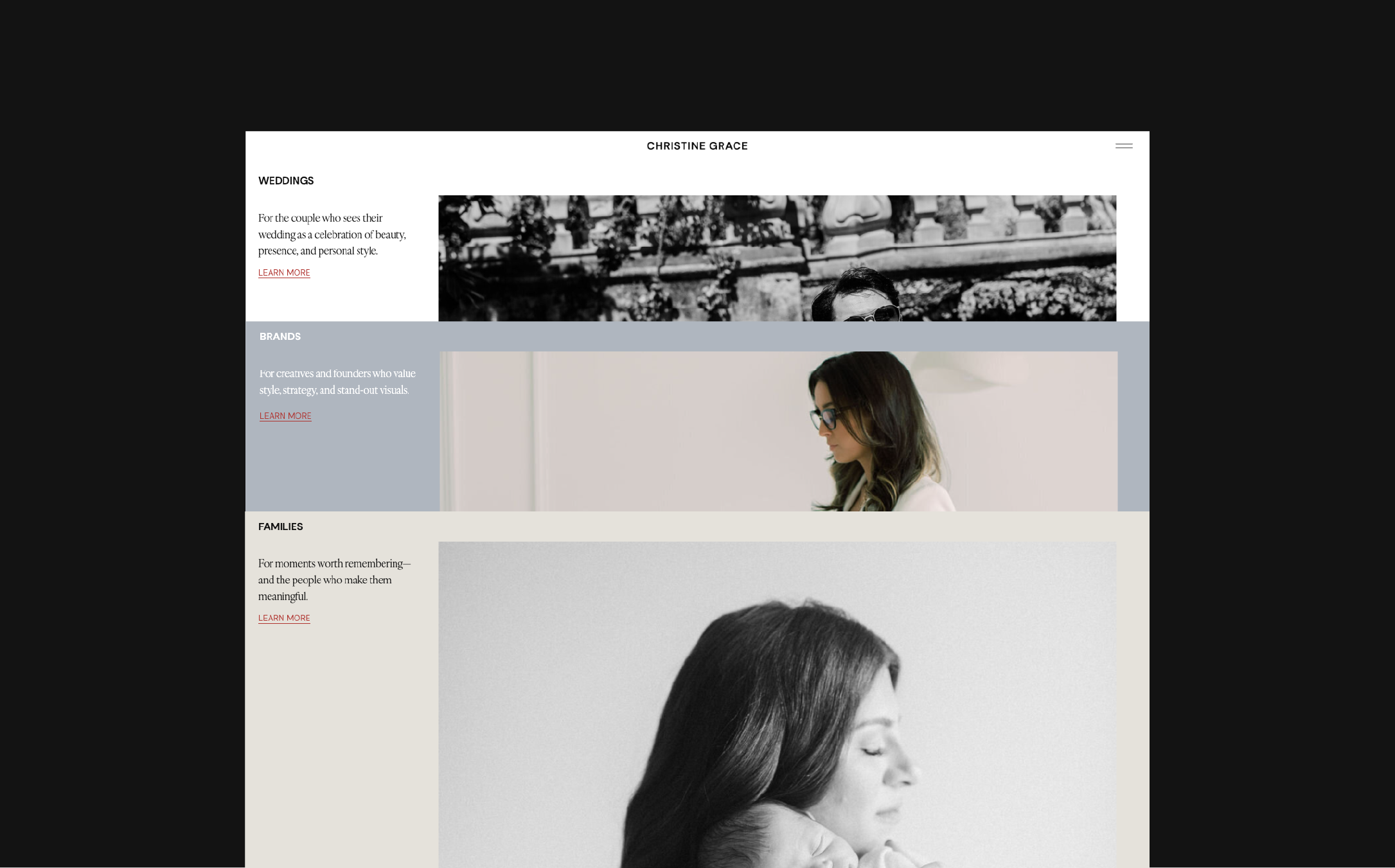 A screenshot of a website design for a wedding photographer, specifically the services page with a layered design featuring Newborn, wedding, and brand photography